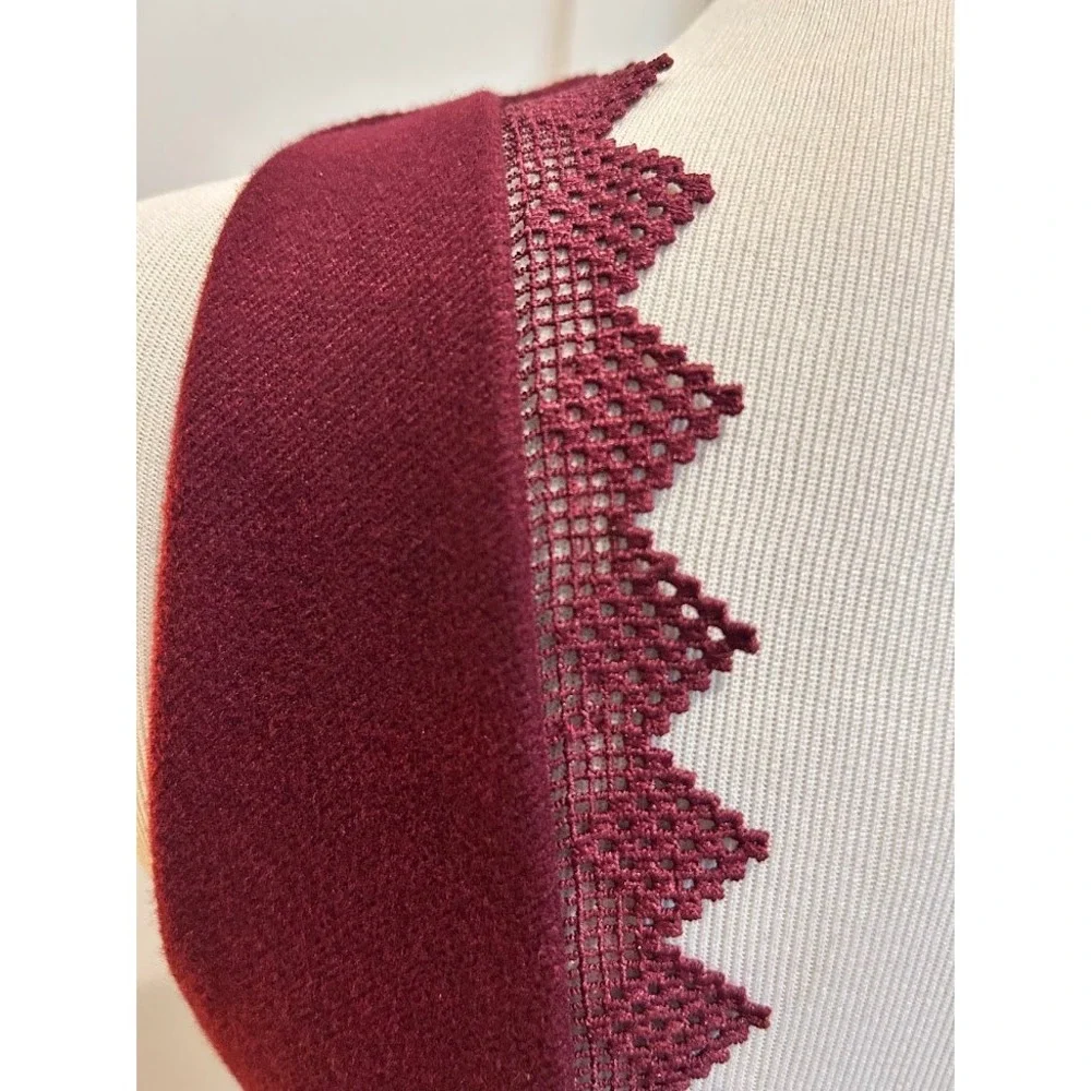Burgundy Plunge V‎ Neck Lace Trim Wool Dress Women's Schoolgirl Anime